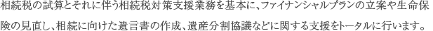 相続税の試算とそれに伴う相続税対策支援業務を基本に、ファイナンシャルプランの立案や生命保険の見直し、相続に向けた遺言書の作成、遺産分割協議などに関する支援をトータルに行います。